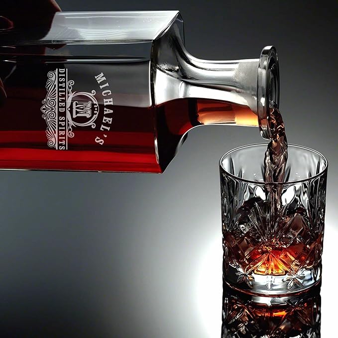 Personalized Bourbon Decanter Set with 4 Glasses by HomeWetBar - Custom Wood Gift Box