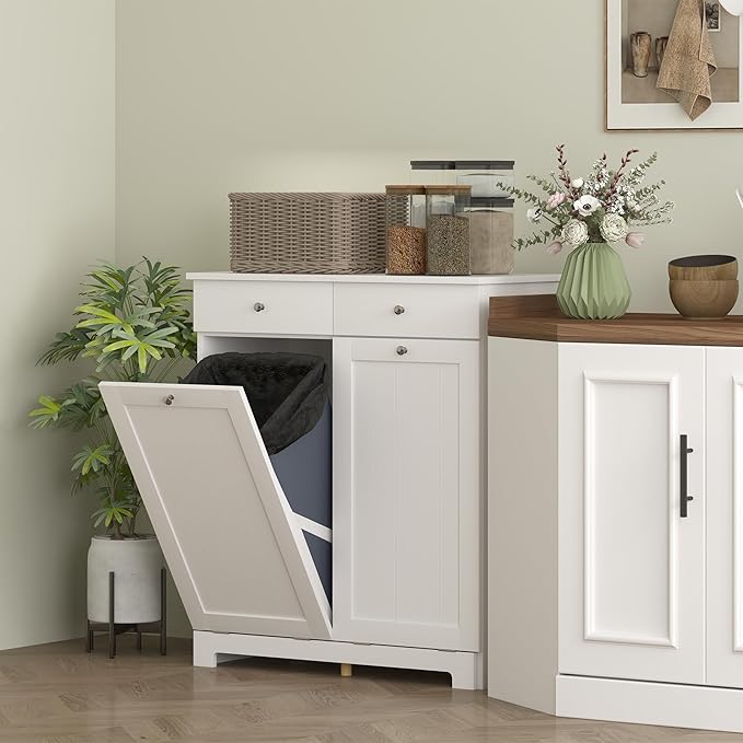 HOMCOM Laundry Hamper Cabinet with 2 Removable Baskets, Tilt Out Laundry Hamper Cabinet with 2 Drawers and 2 Beadboard Doors, Laundry Cabinet Bathroom Storage Cabinet, White
