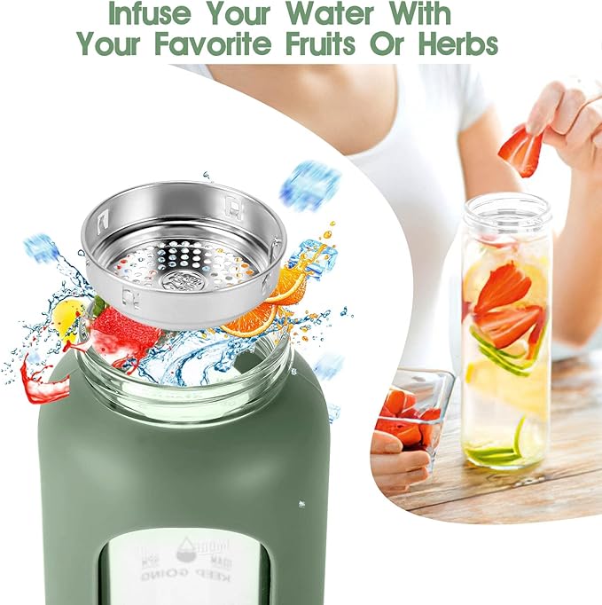 32 oz Glass Water Bottle with Straw - Motivational Time Marker & Silicone Sleeve - Reusable Tumbler Includes 2 Bamboo Lids & Fruit Infuser - 1 Pack