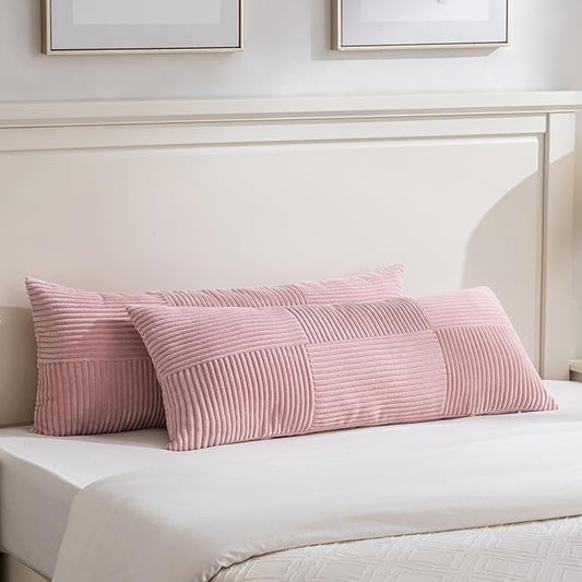 Fancy Homi Set of 2 Blush Pink Boho Long Lumbar Body Decorative Throw Pillow Cover 14x36 Inch for Bed Couch Bedroom Bench, Soft Patchwork Corduroy Textured Pillow Case, Rustic Farmhouse Room Décor