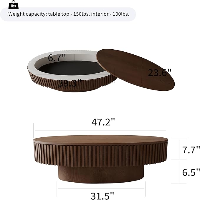 47.2''Oval Coffee Table with Storage, Mid Century Modern Fluted Drum Center Tables with Lid, Solid Wood Side Pedestal Coffee Table Tea Table for Living Room, Bedroom, Apartment-Walnut