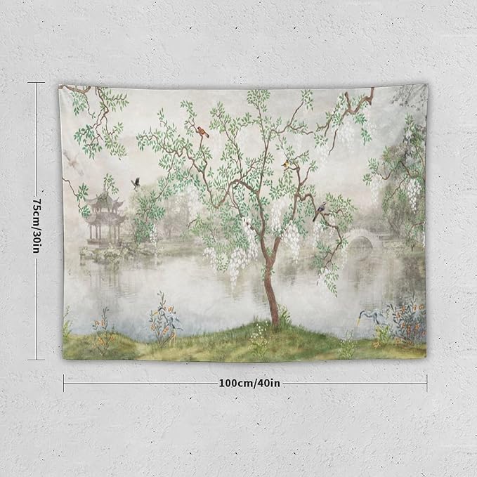 HZOHNAGO Japanese Tapestry Tree Misty Garden Lake Printed Wall Tapestry Ink Painting Wall Hanging for Bedroom Living Room Dorm 40" W x 30" H
