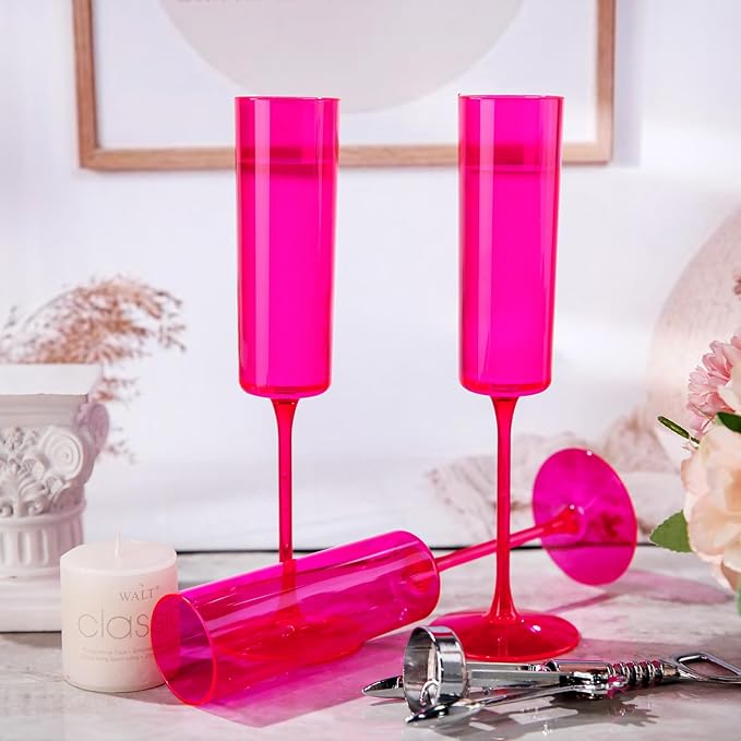 Ciaell 24 Pack Plastic Champagne Flutes - Hot Pink 6 Oz Disposable Champagne Glasses - Square Plastic Toasting Glasses for Party Birthday Anniversary Wedding