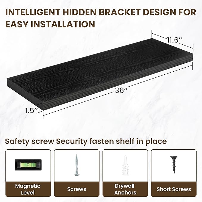 36 Inch Floating Shelves, 12 Inch Deep Floating Shelves for Wall, Floating Shelf with Invisible Brackets, Deep Shelves for Bathroom, Bedroom, Living Room, 2 Pack, Black