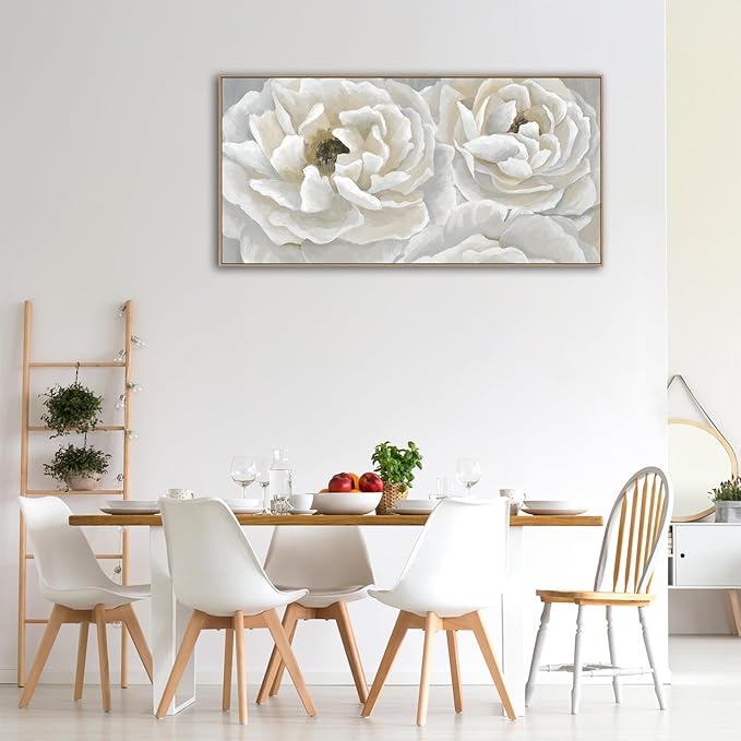 arteWOODS Cream White Flowers Framed Wall Art - Soft Peony Pictures for Wall Decor Elegant Blossom Flower Painting Artwork Botanical Prints for Living Room Home Office Wall Decoration 20" x 40"