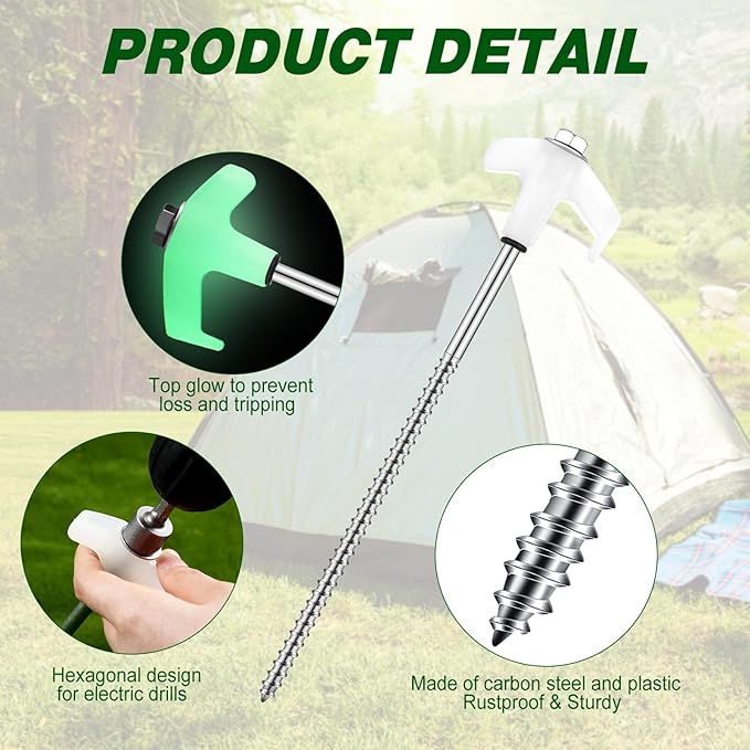 Hicarer 40 Pcs 20 Pcs 8'' Screw in Tent Stakes Heavy Duty Ground Metal Stakes for Inflatables with Hex Head Driver for Outdoor Camping Tent Inflatable Garden Decor (Luminous White)
