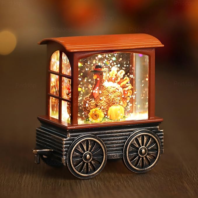 Fall Snow Globe Train Gnome Turkey Pumpkin Classic Relief Texture Battery Powered LED Glitter Fall Decorations for Home Autumn Harvest Thanksgiving Gifts