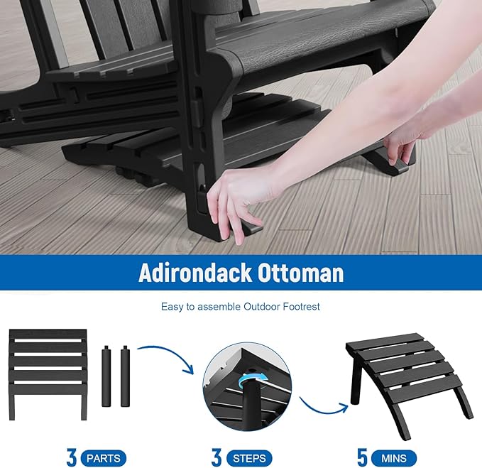 Adirondack Ottoman, HDPE Plastic Adirondack Footstool, All Weather Foot Rest for Adirondack Chair, Outdoor Footrest for Patio,Backyard, Lawn, Fire Pits, Black