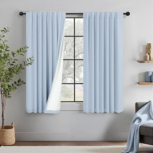 Baby Blue Nursery Blackout Curtains for Nursery 54 Inch Length 2 Panels Kawaii Short Light Blocking Room Darkening Heavy Cotton Linen Textured Black Out Curtain for Kids Bedroom Girls Noise Cancelling