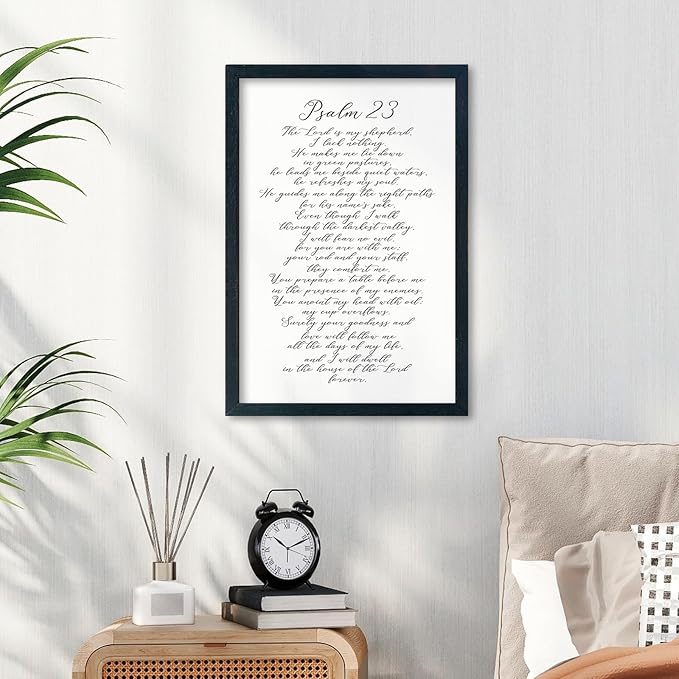 LuZhiQiang Psalm 23 Wall Art Bible Verse 16"×11" Christian Inspirational Scripture Sign Wood Framed Wall Hanging Decor (Black)