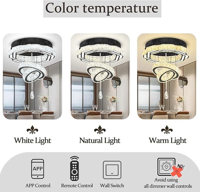 Flashing God Dia 20" Modern Chandeliers for Dining Room Black Flush Mount Ceiling Chandeliers LED Dimmable Pendant Lighting Crystal Ceiling Light Fixture for Living Room Bedroom Hallway 2700K-6000K