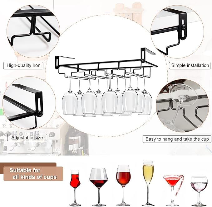 AUHOKY 2Pcs Adjustable Under Cabinet Stemware Metal Glass Holder, Hanging Wine Glass Storage Hanger Organizer for Shelf Kitchen Bar Decor(4 Rows, Black)