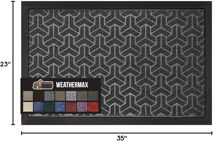 GORILLA GRIP 100% Waterproof All-Season WeatherMax Doormat 35x23, US Designed Natural Rubber, Stain and Fade Resistant, Low Profile Indoor Outdoor Door Mats, Easy Clean Patio Mat, Slate Geometric