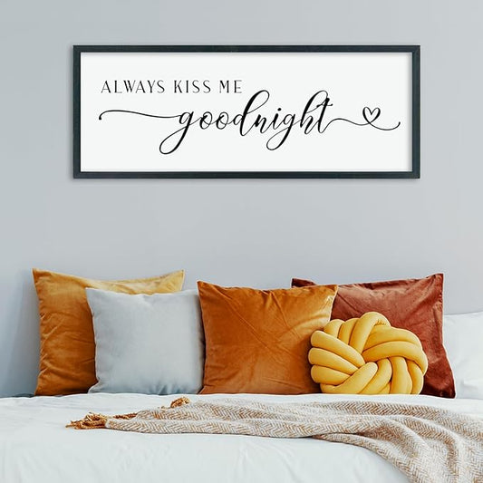 comurdyo Always Kiss Me Goodnight Sign for Bedroom Above bed Wall Decor 40''×15'' Large Wood Frame For Couples Over Bed Hanging Wall Art (Black)