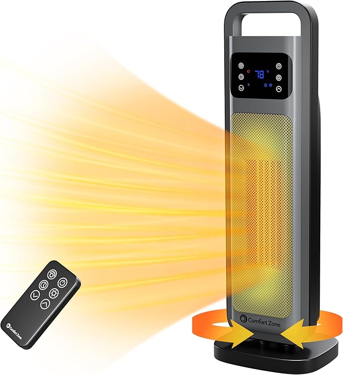 Comfort Zone Oscillating Digital Tower Heater with Remote Control for Indoor Use, Adjustable Thermostat, Timer, Overheat Protection, Tip-Over Switch, Ideal for Home, Bedroom, & Office, HT1206-GRY