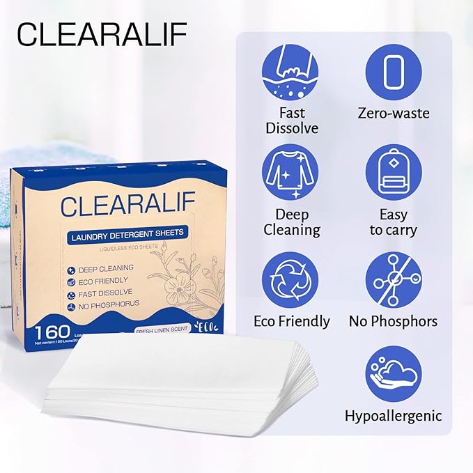 CLEARALIF Laundry Detergent Sheets (480 Loads), Fresh Linen,Great For Travel,Apartments, Dorms,CLEARALIF Laundry Detergent Strips Eco Friendly & Hypoallergenic (Pack of 3)