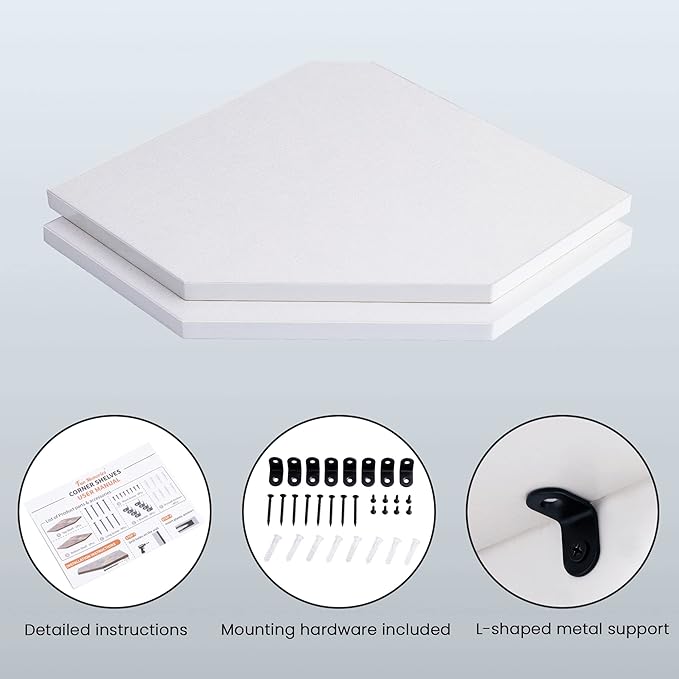 Corner Shelf Wall Mount, Floating Corner Shelves, Set of 2 Corner Wall Shelf Organizer, Rustic Wood Wall Storage Display Shelves for Living Room Bedroom Bathroom Kitchen, Rustic White