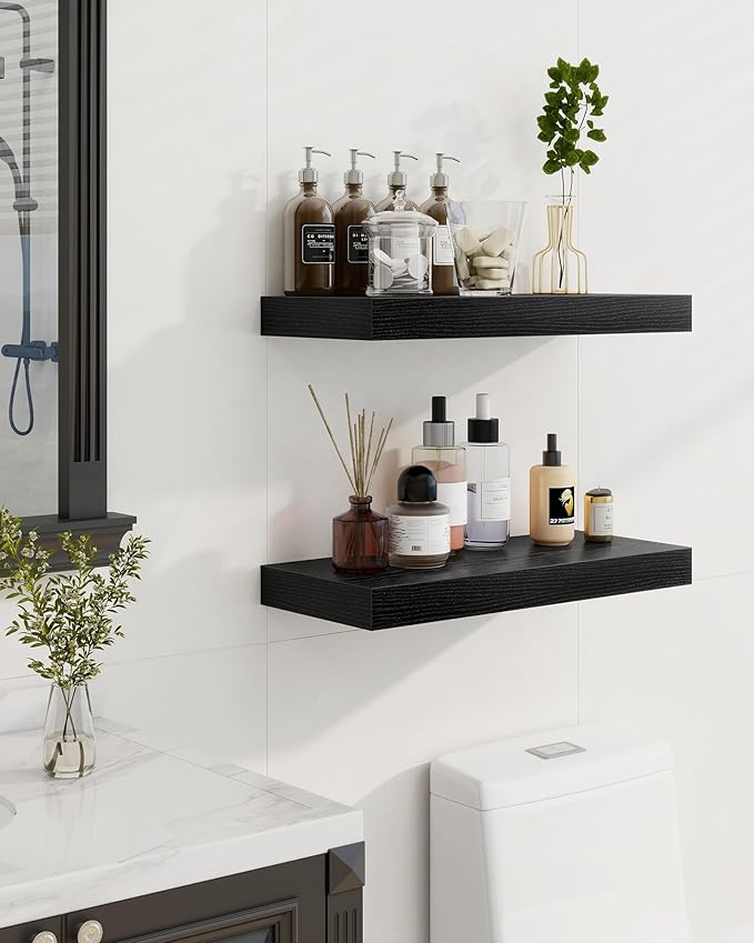Marsmiles 48" Floating Shelves for Wall, Wooden Shelves with Invisible Brackets Set of 2, Rustic Farmhouse Wall Mounted Shelf for Kitchen Bathroom Living Room Study, Black