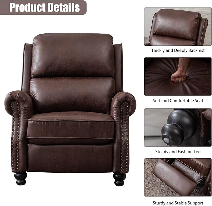 CANMOV Pushback Recliner Chair Faux Leather Armchair Push Back Recliner with Rivet Decoration Single Sofa Accent Chair for Living Room, Reddish Brown