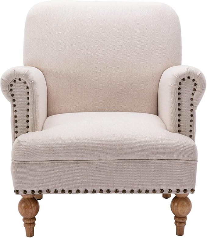 chairus Linen Accent Chair for Living Room Upholstered Mid Century Modern Single Sofa Chair with Solid Wood Legs Comfy Reading Chair Armchair for Bedroom/Office Room/Recption/Lounge, Cream