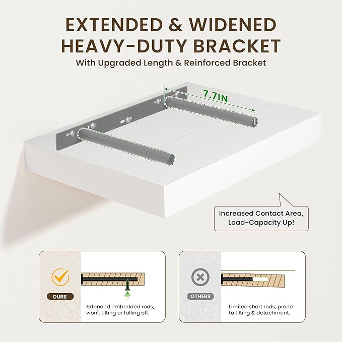 Deep Floating Shelves for Wall | 24 Inch Wide x 12 Inch Deep White Floating Shelves | 24W x 12D Rustic Wood Wide Wall Shelves | Bookshelf Laundry Shelf TV Shelf