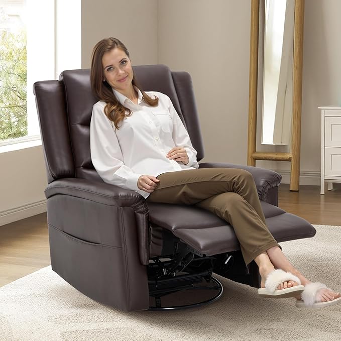 COLAMY Oversized Leather Recliner Chair, 360°Swivel Rocking Manual Recliner with Thick Cushioned Padding Backrest and Wide Seat - Darkbrown