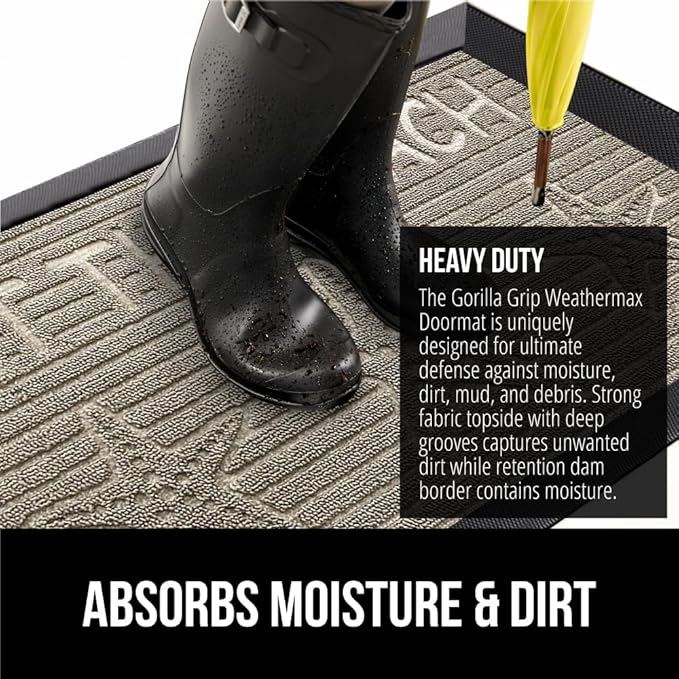GORILLA GRIP 100% Waterproof All-Season WeatherMax Doormat, 47x35, US Designed Natural Rubber, Stain and Fade Resistant, Low Profile Indoor Outdoor Door Mats, Easy Clean Patio Mat, Sand Beach