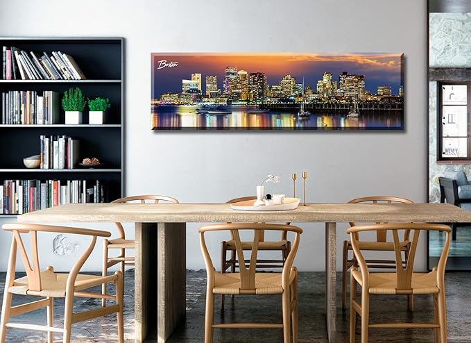 DJSYLIFE Boston Skyline Wall Art Canvas Prints Colorful USA City Night Pictures Modern Panoramic Cityscape Posters Paintings for Bedroom Office Decor, Ready to Hang 13.8"x45.3"