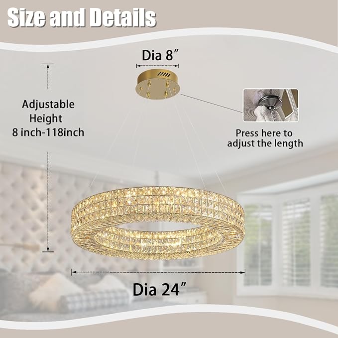 Dia 24" Modern Crystal Chandelier Gold Ring Chandelier Adjustable Height Luxury Crystal Pendant Ceiling Light Fixture for Dining Living Room Bedroom