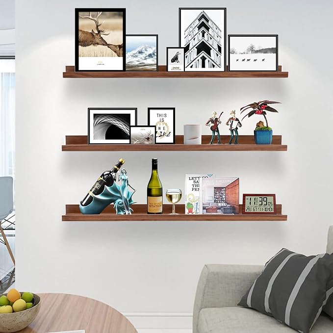 AZSKY 36 Inch Floating Book Shelves Rustic Wood Wall Picture Ledge Shelf for Storage Light Walnut Wall Mounted Picture Photo Display Shelf a Set of 3 Hanging Book Shelf