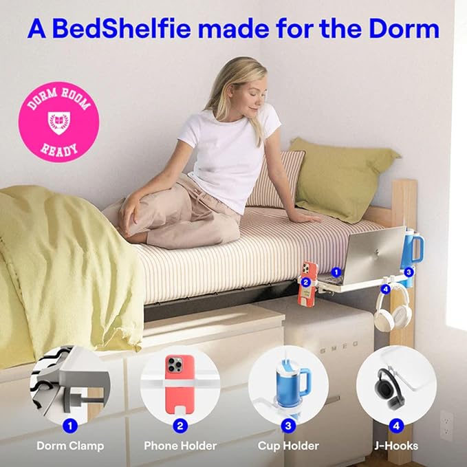 BedShelfie Bedside Shelf for Dorm Room Bunk Bed & Top Bunk, College Dorm Room Essentials, Bedside Caddy, Clip on Floating Tray, Bed Side Table Storage, Loft Nightstand Decor - Dorm Essential, White