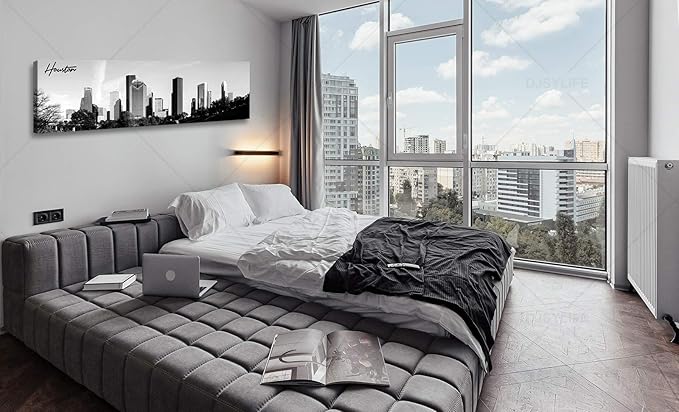 Black and White Wall Art Houston Skyline Canvas Print Picture Panoramic Cityscape Poster Decoration for Bedroom Office Home Decor Framed and Ready to Hang, 13.8"x47.3"