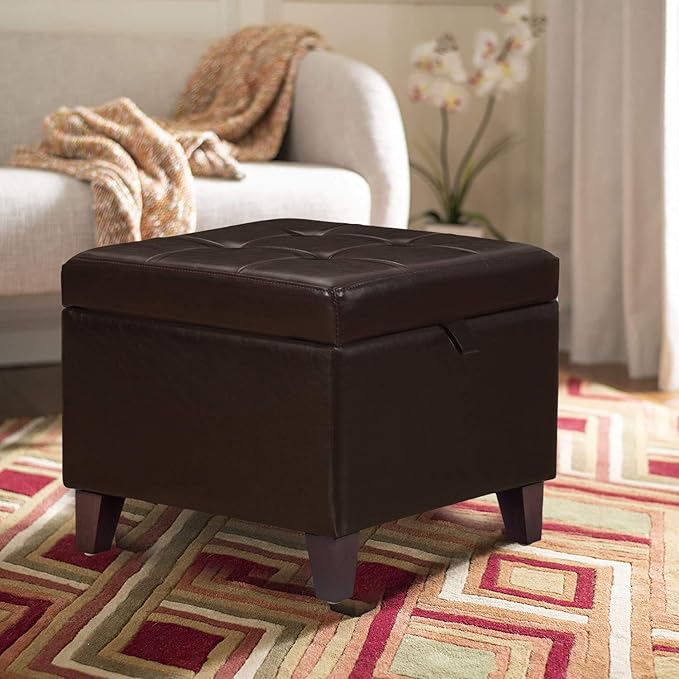 Adeco 15.2" Modern Brown Faux Leather Storage Ottoman with Tufted Flip Top for Living Room, Tufted Accents Rectangular Bench for Foot Rest