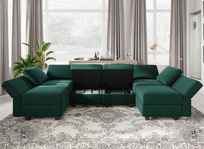 Belffin Modular Sectional Couch U Shaped Sofa with Storage Seat Reversible Sectional Sofa Couch with Chaise Velvet Green