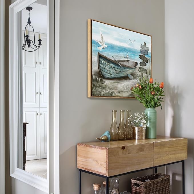 Framed Wall Art Bedroom Nautical Decor Boat Canvas Picture Rustic Coastal Sand Canvas Print Ocean Beach Painting Seascape Sea Bird Vintage Ship Artwork for Seaside Home Living Room Office Bathroom