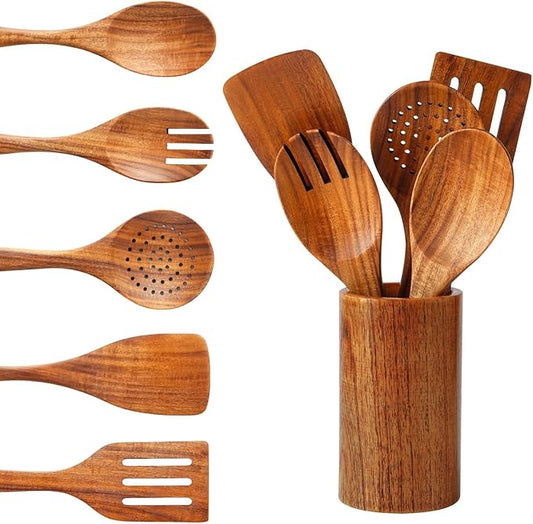 6 PCS Wooden Spoons for Cooking - Teak Wooden Cooking Utensils Set with Holder - Non-Stick, Soft Grip, Ergonomic Design - Natural Finish