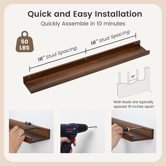 Picture Ledge Wall Shelves 36 inches Width Set of 3, Solid Pine Wood Rustic Floating Ledge Shelves for Wall for Kids' Room Bedroom Kitchen Bathroom Living Room Nursery Display Wall Decor, Walnut