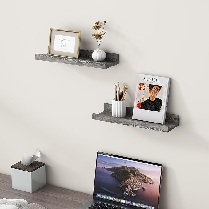 Picture Ledge Wall Shelves 16 inch Width Set of 2, Solid Pine Wood Rustic Floating Ledge Shelves for Wall for Kids' Room Bedroom Kitchen Bathroom Living Room Nursery Display Wall Decor, Grey