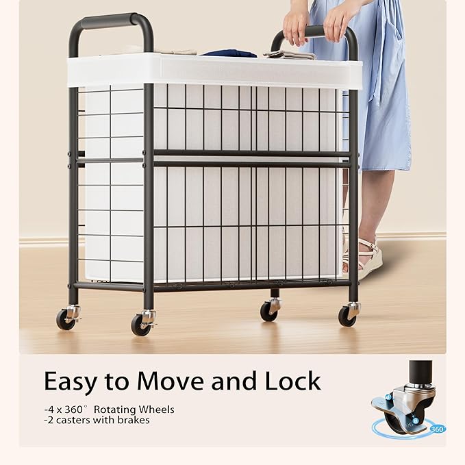 Laundry Hamper 3 Section, 145L Rolling Laundry Sorter Basket with Wheels, 3 Compartment Clothes Organizer Cart, Pull-Out Removable Bags for Laundry Room, Bathroom, Bedroom, White