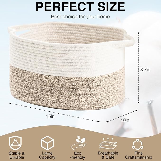 Cotton Rope Woven Storage Basket, Used for Baby Hamper Toy Organizer, Gift Baskets Empty,Kids Laundry Basket,Baby Blanket Basket. Size 15x10x8.7 Inches. (White&Brown-3PCS)