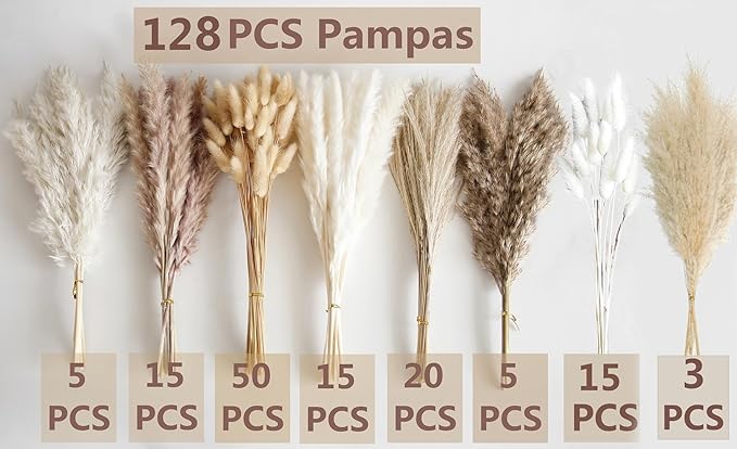 130 PCS Dried Pampas Grass Bouquet, Boho Table Decor, Bunny Tails Dried Flowers, Brown Pampas, Fluffy Pompas, White Pampas Grass for Weddings, Home Decor, Rustic Parties, and Baby Shower Decorations