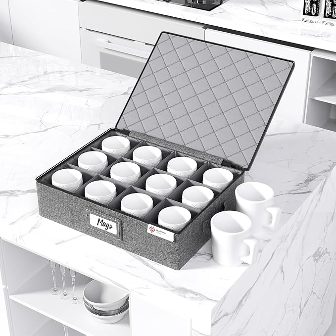 YearningHome Cup and Mug Storage Box with Hard Shell and Dividers for Coffee Mugs,Tea Cups and Glasses,Stackable Storage Organizers with Lid,Handles,Zips and Lable for Moving,Holds 12,2 Pack, Grey