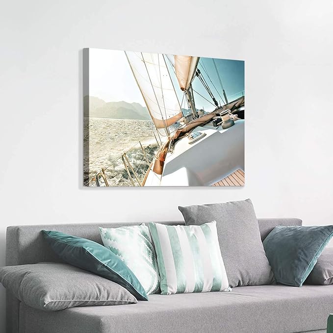 ARTISTIC PATH Nautical Picture Canvas Wall Art: Sailboat Artwork Seascape Print on Canvas for Office Bedrooms (36" W x 24" H,Multi-Sized)