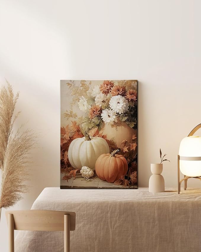 AbcCustomize Fall Wall Art Pumpkin Floral Print, Vintage Thanksgiving Decorations Canvas for Autumn Decor, Rustic Daisy Farmhouse Wall Art Decor for Bedroom Living Room Kitchen, Ready to Hang