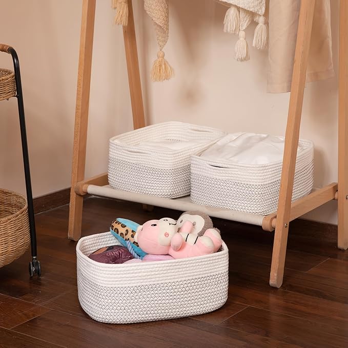 Storage Baskets for Organizing 3 Pack, Woven Baskets for Shelves, Closet Organizer Bins Empty Gift Basket Toy Storage for Toys, Books, Towels, Clothes, 15"x11.42"x6.7", White & Black