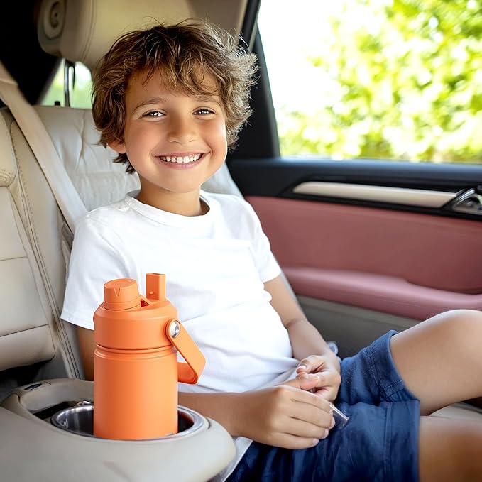Kids Insualated Water Bottle with Straw - 12oz Stainless Steel Water Bottle with Dual Spouts, Leak-Proof, BPA-Free, Double Wall Vacuum Keeps Cold for 24 Hours for Sports, Travel, School (Violet)