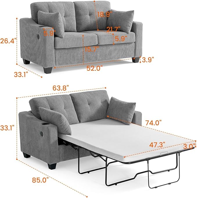 CHIC HOUSE Pull Out Sofa Bed, Full Size Sleeper Sofa, 2-in-1 Convertible Corduroy Couch with USB Charging, Memory Form Couch for Living Room, Apartment and Small Space (Grey, Corduroy - Full Size)