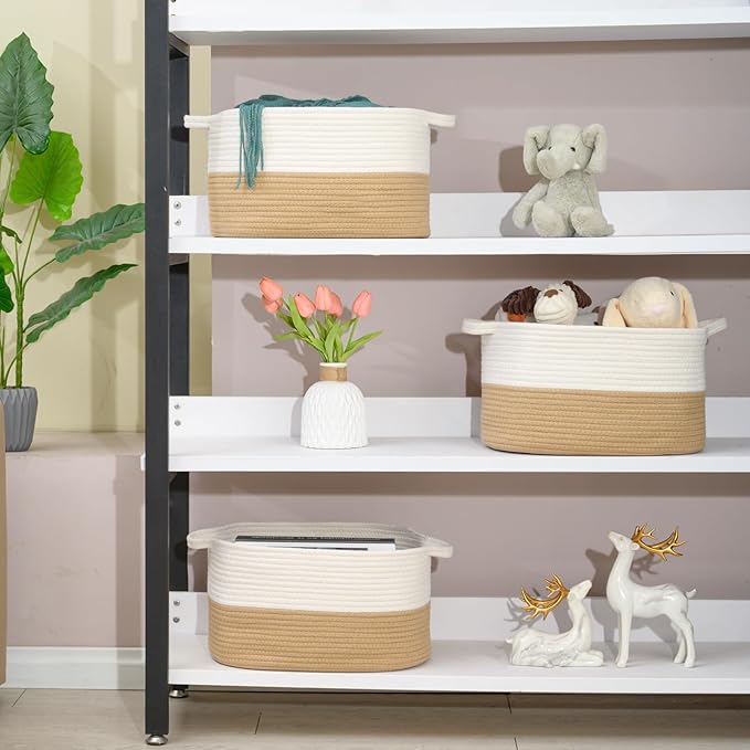 Cotton Rope Woven Storage Basket, Used for Baby Hamper Toy Organizer, Gift Baskets Empty,Kids Laundry Basket,Baby Blanket Storage. Size 15x10x8.7 Inches. (White&Khaki-3PCS)