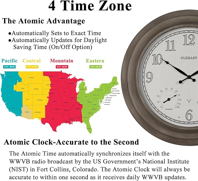 CLXEAST 24 Inch Self-Illuminated in/Outdoor Atomic Wall Clock with Temperature and Humidity, Oversized Large 24 Inch Wall Clocks for Living Room Decor, Brushed Grey Oak Wooden Finish