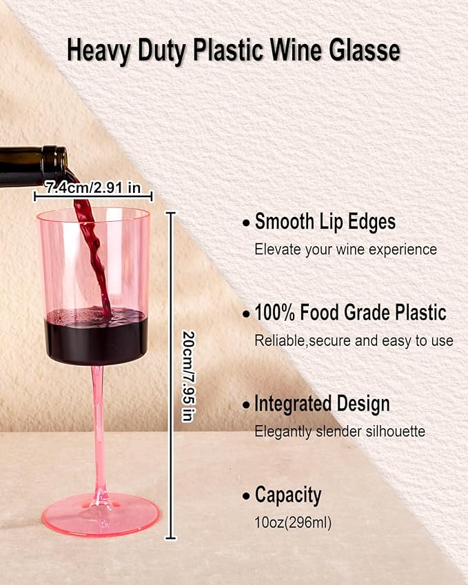 Ciaell 12 Pack Pink Plastic Wine Glasses - 10 Oz Disposable Wine Glasses with Stem for Parties & Weddings & Poolside & Outdoors & Camping